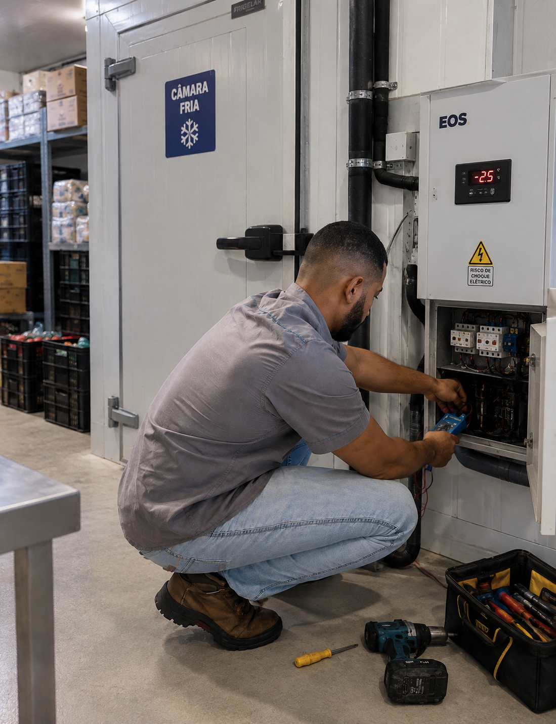 Técnico da Iceblue realizando manutenção em uma câmara fria em Uberlândia