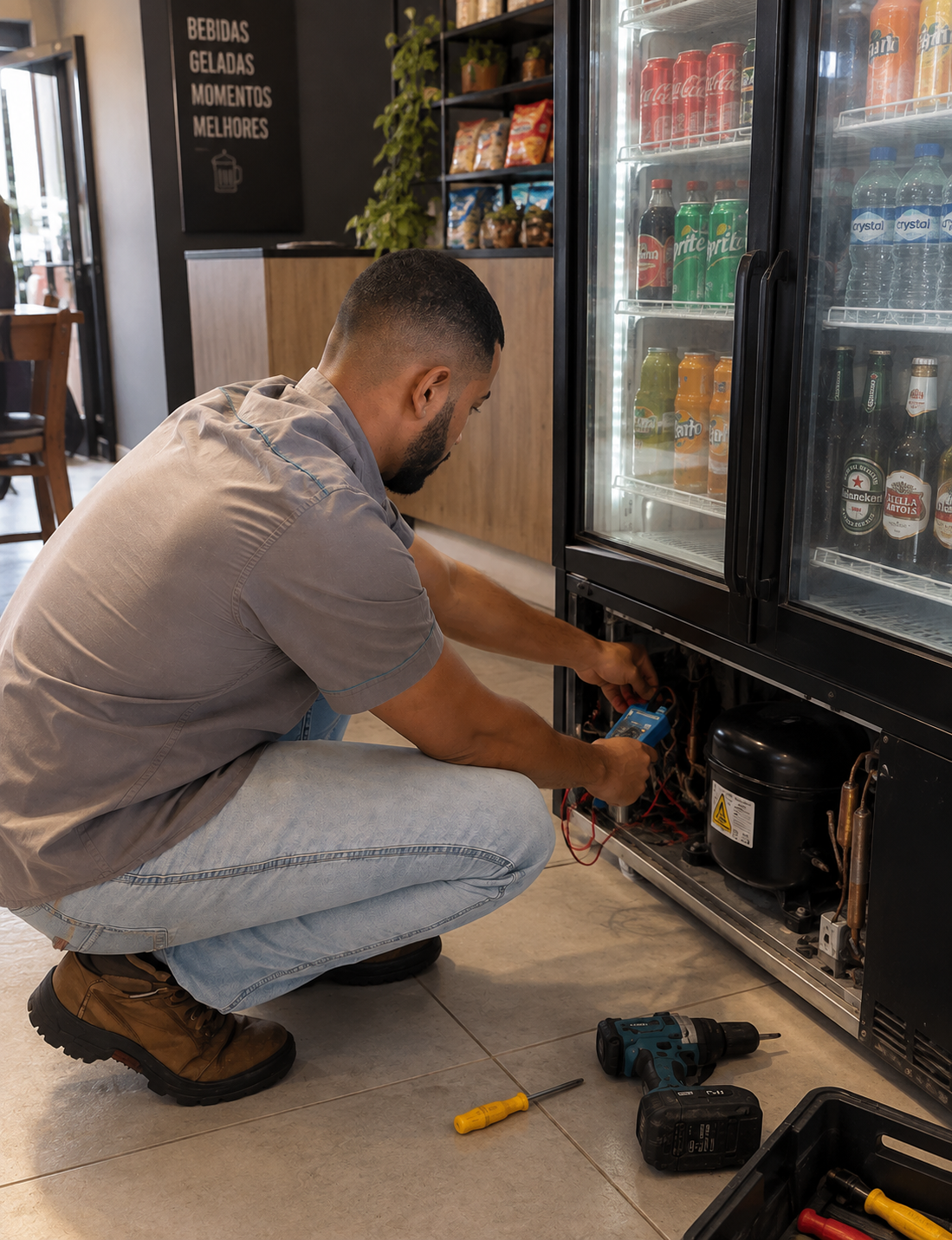 Técnico da Iceblue consertando um expositor de bebidas em Uberlândia