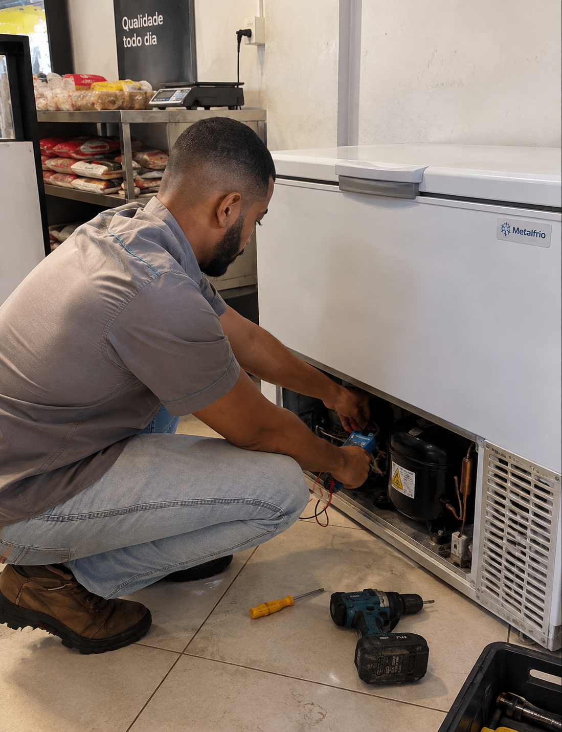 Técnico da Iceblue consertando um freezer em Uberlândia