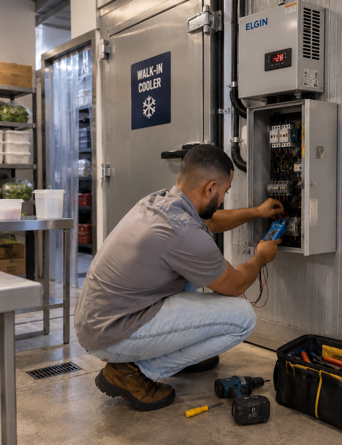 Técnico da Iceblue realizando manutenção em um walk-in cooler em Uberlândia